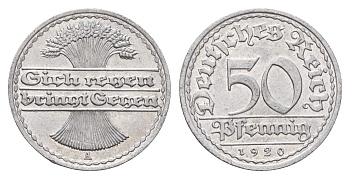 Германия 50 пфеннигов 1920 A KM 27, J. 301 алюминий UNC 3856-655