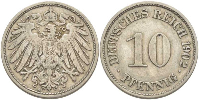 ГЕРМАНИЯ 10 ПФЕННИГОВ 1902 А KM 12, J. 13 медно-никель 210-641