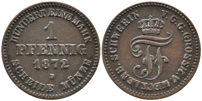 Мекленбург-Шверин 1 пфенниг 1872 В, Фридрих Франц II (1842-1883) KM 315 (С102), AKS 50, J.60 медь 100-637