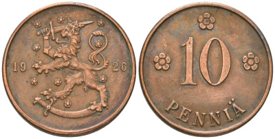 Финляндия 10 пенни 1926 KM 24 медь 4591-1011