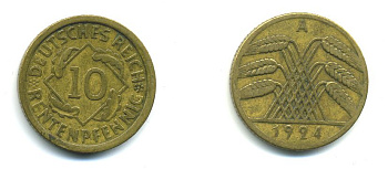 ГЕРМАНИЯ 10 РЕНТЕНПФЕННИГОВ 1924 A KM 33, J. 309, Weege 8 алюминиевая бронза 46-1347