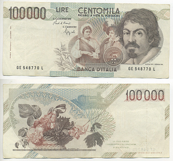 Италия 100000 лир 1983 Караваджо, фруктовый букет, подпись Speziali Pick 110b бумага 7220-17-1