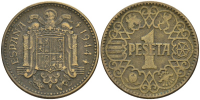 Испания 1 песета 1944 национальное правительство (1939 - 1947) KM 767 алюминиевая бронза 4155-313