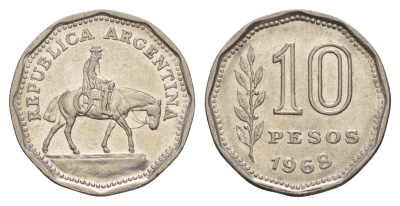 Аргентина 10 песо 1968 Гаучо KM 60 сталь плакированная никелем 4656-1143