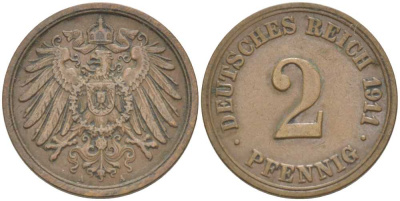 ГЕРМАНИЯ 2 ПФЕННИГА 1911 A KM 16, J. 11, Weege 4 медь 212-351