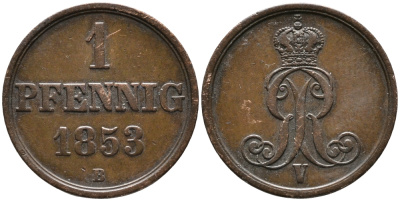 ГАННОВЕР 1 ПФЕННИГ 1853 В, ГЕОРГ V (1851-1866) KM 221 медь 100-626