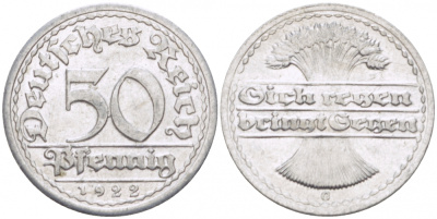 ГЕРМАНИЯ 50 ПФЕННИГОВ 1922 G KM 27, J. 301, Weege 10 алюминий 77-625