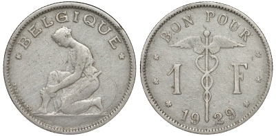 Бельгия 1 франк 1929 Belgique KM 89 никель 51-2052