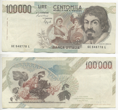 Италия 100000 лир 1983 Караваджо, фруктовый букет, подпись Speziali Pick 110b бумага 7220-17-1