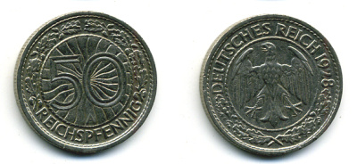 Германия 50 рейхспфеннигов 1928 A KM 49, J.324 никель 58-456