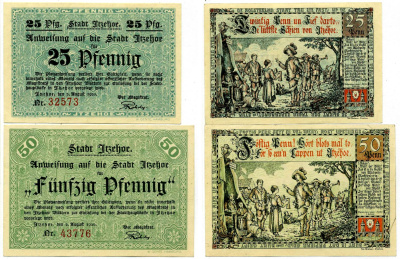 Итцехо лот из 2 банкнот 1920 2 августа 1920 нотгельд (25 И 50 пфеннигов), земля Шлезвиг-Гольштейн Grabowski 649.2а бумага 2195-11-1-1