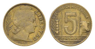 Аргентина 5 сентаво 1942 самый редкий год тиража - 2.130.000 KM 40 алюминиевая бронза 4651-965