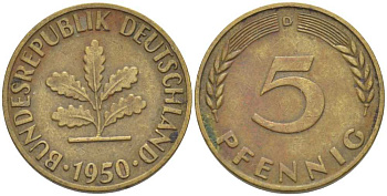 ФРГ 5 ПФЕННИГОВ 1950 D KM 107, J. 382 сталь плакированная латунью 66-757