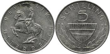 АВСТРИЯ 5 ШИЛЛИНГОВ 1990 KM 2889а медно-никель 33-626