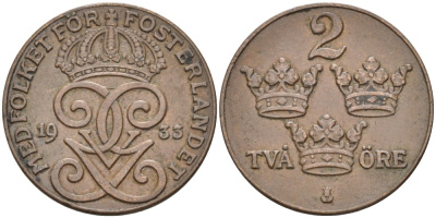 Швеция 2 эре 1933 Густав V (1907-1950) KM 778 бронза 63-1335