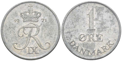 Дания 1 эре 1971 С; S, Фредерик IX (1947-1972) KM 839.2 цинк 4387-651