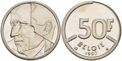 БЕЛЬГИЯ 50 ФРАНКОВ 1990 BELGIE, БОДУЭН I (1951-1993) KM 169 никель 4384-526
