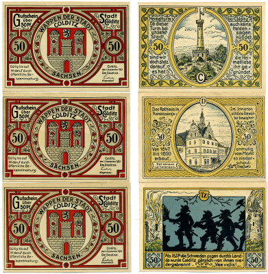 КОЛДИТЦ НАБОР ИЗ 3 БАНКНОТ ПО 50 ПФЕННИГОВ 1921 1 СЕНТЯБРЯ 1921, НОТГЕЛЬД (С, D, Tz), ЗЕМЛЯ САКСОНИЯ Grabowski 239.1 бумага 2193-8-1-2