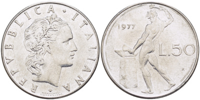 ИТАЛИЯ 50 ЛИР 1977 R, КУЗНЕЦ KM 95.1 нержавеющая сталь 89-826