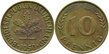 ФРГ 10 ПФЕННИГОВ 1950 D KM 108, J.383 сталь плакированная латунью 98-356