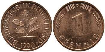 ФРГ 1 ПФЕННИГ 1990 D KM 105, J.380 сталь плакированная медью 96-1124