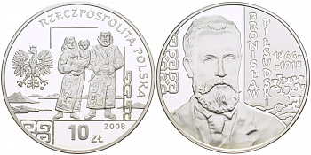 Польша 10 злотых 2008 серия польские путешественники, Бронислав Пилсудский (1866-1918) KM 649 серебро PROOF 1084-7-25
