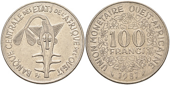 Валютное сообщество стран Западной Африки 100 франков 1987  KM 4 никель 4595-813