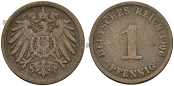 Германия 1 пфенниг 1906 A, Вильгельм II (1888-1918) KM 10, J. 10 медь 4608-112
