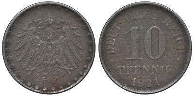 Германия 10 пфеннигов 1921 A KM 20, J. 298 железо 4119-233