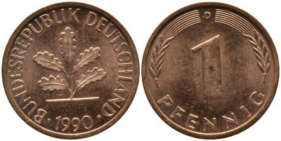 ФРГ 1 ПФЕННИГ 1990 D KM 105, J.380 сталь плакированная медью 96-1124