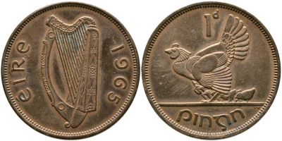 ИРЛАНДИЯ 1 ПЕННИ 1965 КУРИЦА С ЦЫПЛЯТАМИ KM 11 бронза 4531-721