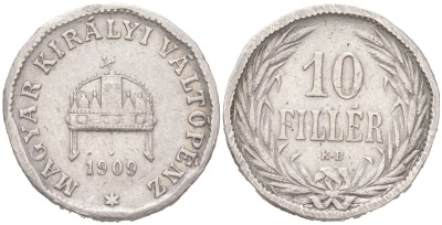 Венгрия 10 филлеров 1909 KB, Франц Иосиф I (1848-1916) KM 482 никель 4611-1212