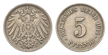 Германия 5 пфеннигов 1914 J KM 11, J. 12 медно-никель 4696-653