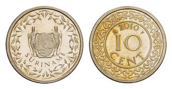 Суринам 10 центов 2010 тираж 1000 экземпляров KM 13a медно-никель BU 4649-1021