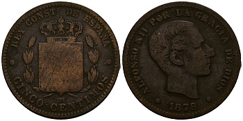 Испания 10 сентимо 1879 ОМ, Альфонсо XII (1874-1885) KM 675 бронза 4168-1022