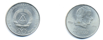 ГДР 20 марок 1972 А, Фридрих Шиллер (1759-1805) KM 40 медно-никель 3333-745