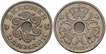 Дания 2 кроны 1993 LG; JP; A, Маргрете II (1972- ) KM 874.1 медно-никель 4176-542