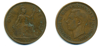 Великобритания 1 пенни 1938 Георг VI (1936-1952) KM 845, Spink 4114 бронза 37-413