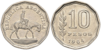 Аргентина 10 песо 1964 Гаучо KM 60, Schon 60, CJ 283 никелированная сталь    60-942