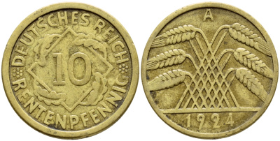 ГЕРМАНИЯ 10 РЕНТЕНПФЕННИГОВ 1924 A KM 33, J. 309, Weege 8 алюминиевая бронза 26-256