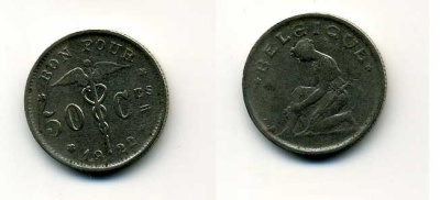 Бельгия 50 сантимов 1922 Belgique, Альберт I (1910-1934) KM 87 никель 37-222