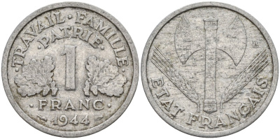 Франция 1 франк 1944 LB, тип Lourde, правительство Виши KM 902.1 алюминий 4142-941