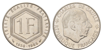 Франция 1 франк 1988 30 лет Пятой Республике KM 963 никель UNC 4118-352