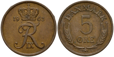 Дания 5 эре 1963 C; S, Фредерик IX (1947-1972) KM 848.1 бронза 4601-823