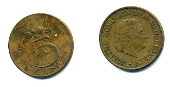 Нидерланды 5 центов 1969 Юлиана (1948-1980) KM 181 бронза 76-435