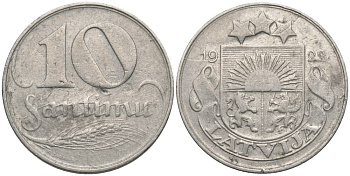 Латвия 10 сантимов 1922 первая Республика (1918-1939) KM 4 никель 4549-1229