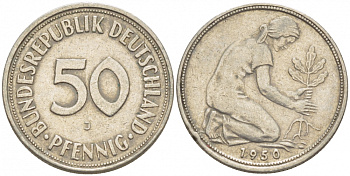 ФРГ 50 ПФЕННИГОВ 1950 J KM 109.1, J. 384 медно-никель 4396-1662