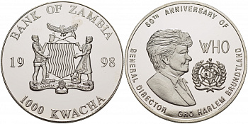 Замбия 1000 квача 1998 50 лет директору ВОЗ Гру Харлем Брунтланн медно-никель 04-268-43