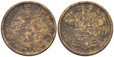НИДЕРЛАНДЫ 1/2 ЦЕНТА 1914 ВИЛЬГЕЛЬМИНА (1890-1948) KM 138 бронза 39-166