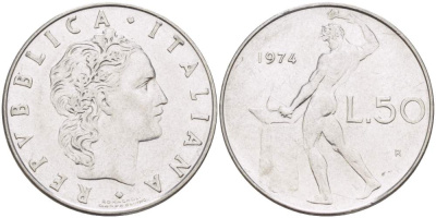 ИТАЛИЯ 50 ЛИР 1974 R, КУЗНЕЦ KM 95.1 нержавеющая сталь 4523-653